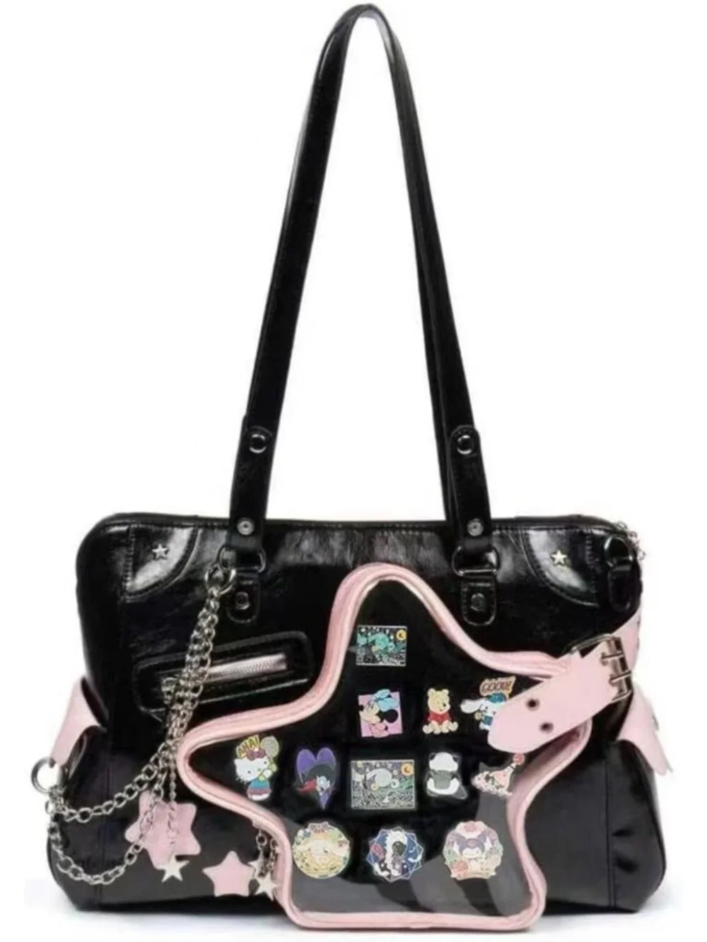 Y2K Crossbody Purse - Large Black & Pink Star Guitar Pin Shoulder Bag, Cute